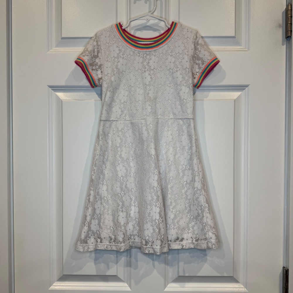 Wonder Nation Girls White Lace Rainbow Trim Dress Size 6X Short Sleeve Fit Flare